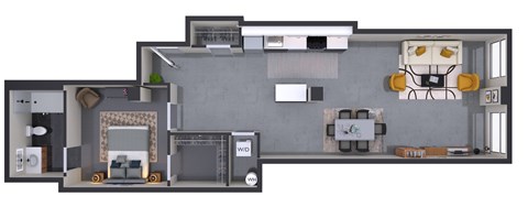 Floor plan for 1 bed, 1 bath, 714 sqft